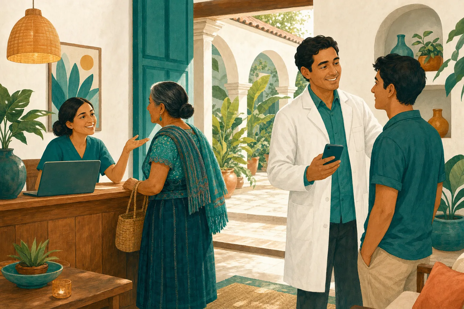 Ilustración de la recepción de una clínica con arcos coloniales y plantas: la recepcionista atiende a una señora y un médico conversa con un paciente.