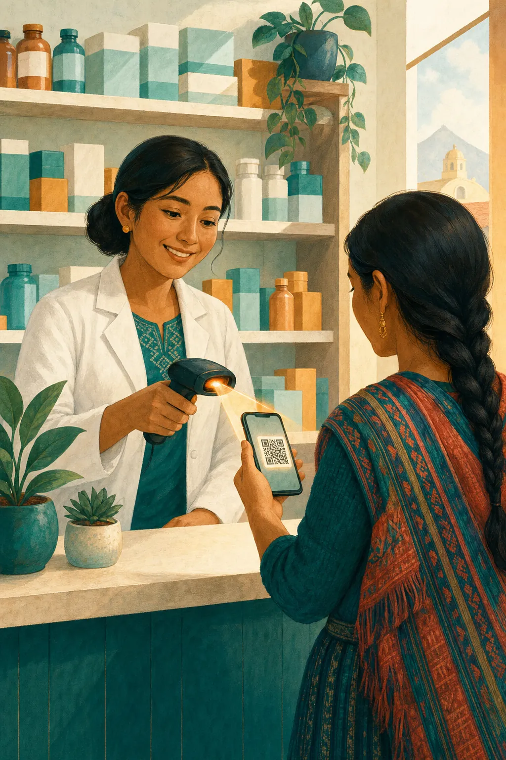 Ilustración de una farmacéutica que escanea el código QR de una receta en el teléfono de una clienta.