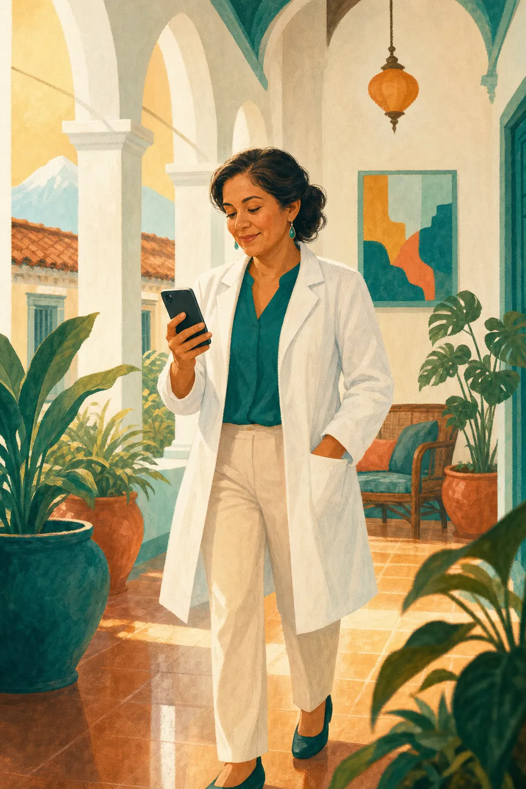 Ilustración de una doctora con bata blanca que camina por el pasillo soleado de una clínica mientras revisa su teléfono.