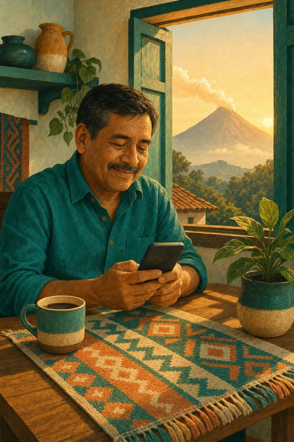 Ilustración de un señor en la mesa de su casa, con un café, revisando su teléfono; por la ventana se ve un volcán al amanecer.